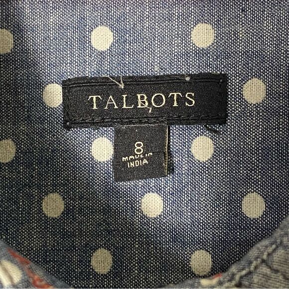 Talbots Blue Chambray White Polka Dot Button Up Top Women's Size 8 - Picture 13 of 14